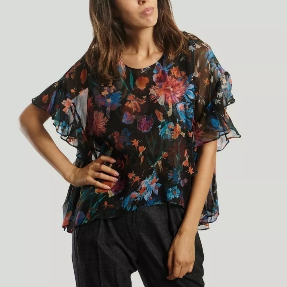 IRO Black 100% Silk Floral Ruffled asymmetrical Tunic Blouse Top